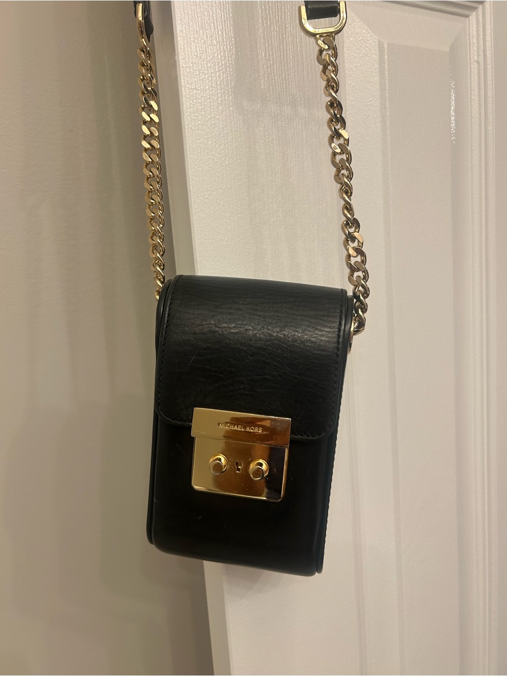 Michael Kors Black Leather Mini Crossbody with Gold Hardware